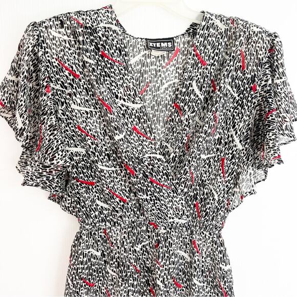 Vintage 1980s Wrap Semi Sheer Funky Cocktail Knee Length Red Black Dress - Picture 3 of 10